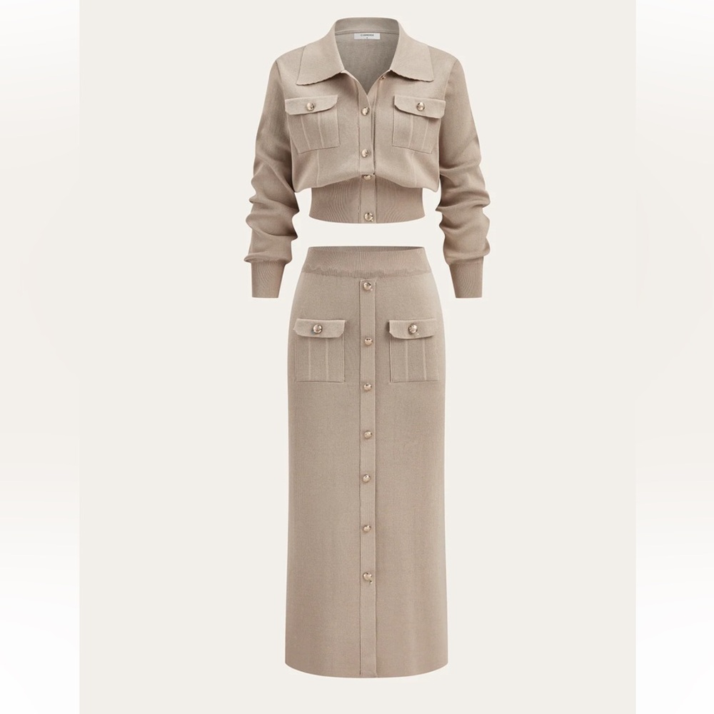Commense Taupe Knit Crop Jacket & Button-Front Maxi Skirt Set